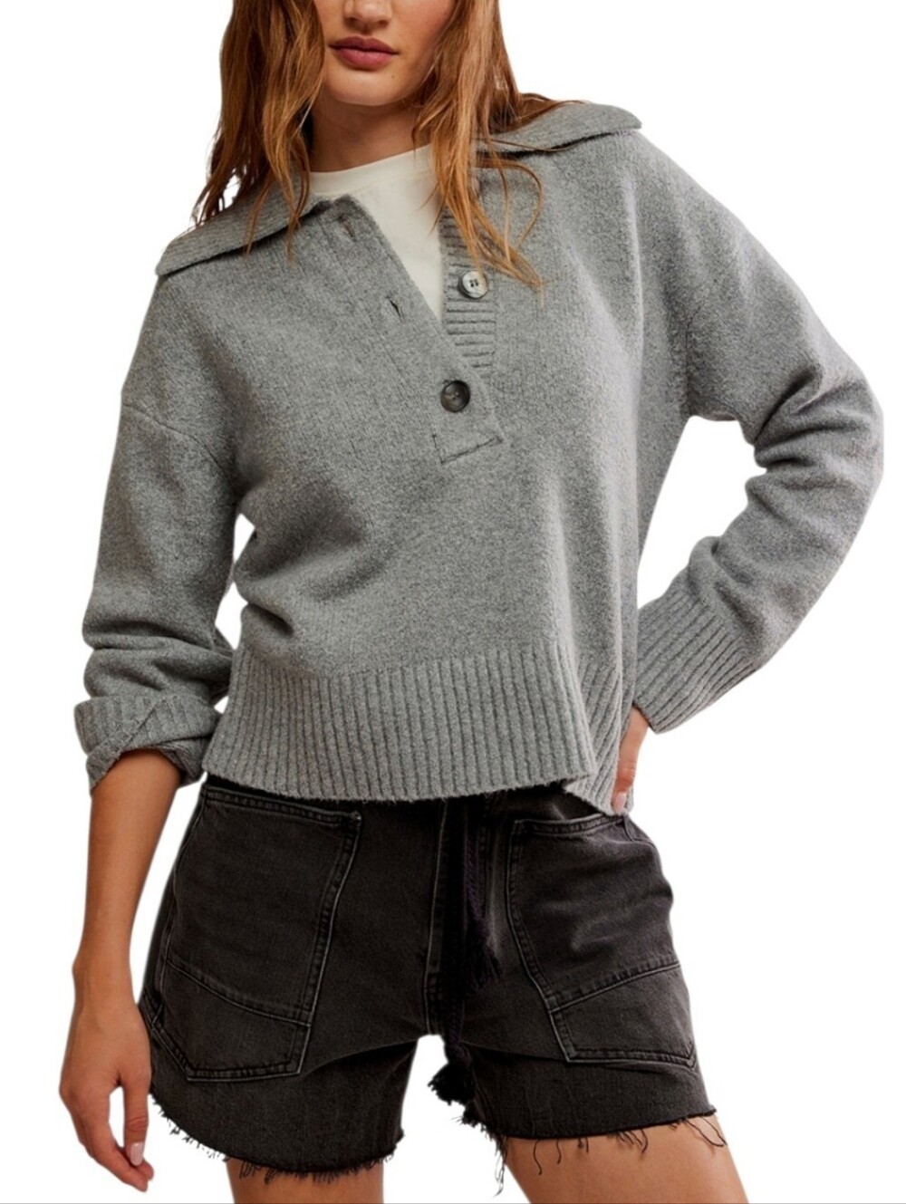 Free People "Trading Up" Polo Sweater in Grey Heather